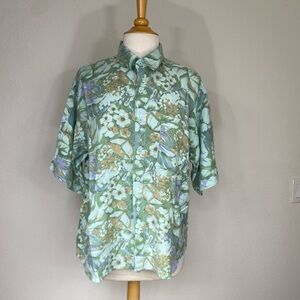 In Private Studio Men Green Floral Short Sleeve Button Shirt Size Large Tropical